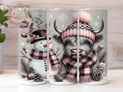 Pink Highland Cow Tumbler, Christmas Snowman Design, 20oz Sublimation Wrap, Holiday Drinkware, Festive Cow Art, Winter Tumbler Design, Digital Download Sublimation Lara' s Designs 
