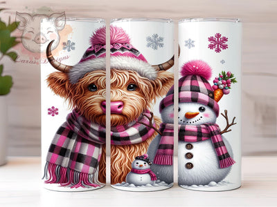 Pink Highland Cow Tumbler, Christmas Snowman Design, 20oz Sublimation Wrap, Holiday Drinkware, Festive Cow Art, Winter Tumbler Design, Digital Download Sublimation Lara' s Designs 