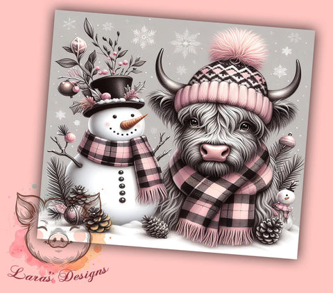 Pink Highland Cow Tumbler, Christmas Snowman Design, 20oz Sublimation Wrap, Holiday Drinkware, Festive Cow Art, Winter Tumbler Design, Digital Download Sublimation Lara' s Designs 
