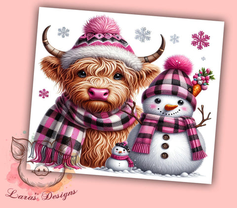 Pink Highland Cow Tumbler, Christmas Snowman Design, 20oz Sublimation Wrap, Holiday Drinkware, Festive Cow Art, Winter Tumbler Design, Digital Download Sublimation Lara' s Designs 