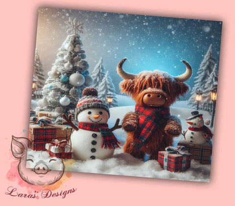 Pink Highland Cow Tumbler, Christmas Snowman Design, 20oz Sublimation Wrap, Holiday Drinkware, Festive Cow Art, Winter Tumbler Design, Digital Download Sublimation Lara' s Designs 