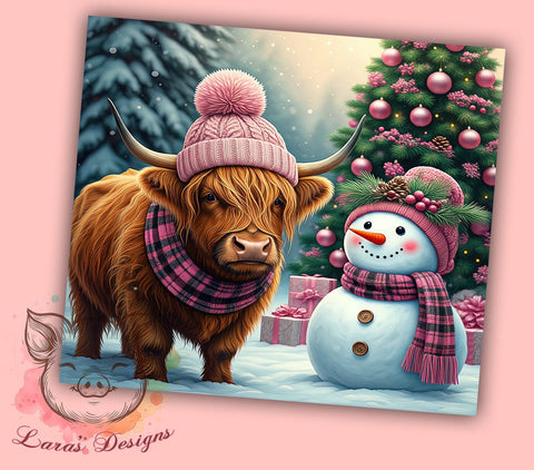 Pink Highland Cow Tumbler, Christmas Snowman Design, 20oz Sublimation Wrap, Holiday Drinkware, Festive Cow Art, Winter Tumbler Design, Digital Download Sublimation Lara' s Designs 