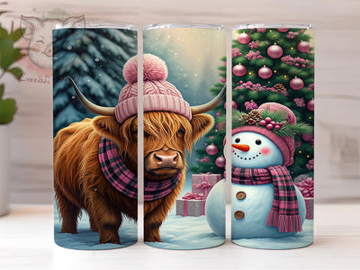 Pink Highland Cow Tumbler, Christmas Snowman Design, 20oz Sublimation Wrap, Holiday Drinkware, Festive Cow Art, Winter Tumbler Design, Digital Download Sublimation Lara' s Designs 