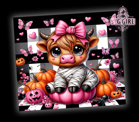 Pink Highland Cow Tumbler, Mummy Cow Tumbler, 20oz Sublimation, Halloween Decor, Cute Cow Gift, Spooky Season Drinkware, Instant Digital Download Sublimation SvggirlplusArt 