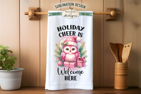 Pink Holiday Owls Kitchen Towel Sublimation Designs Sublimation Ewe-N-Me Designs 