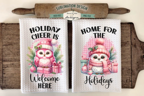Pink Holiday Owls Kitchen Towel Sublimation Designs Sublimation Ewe-N-Me Designs 