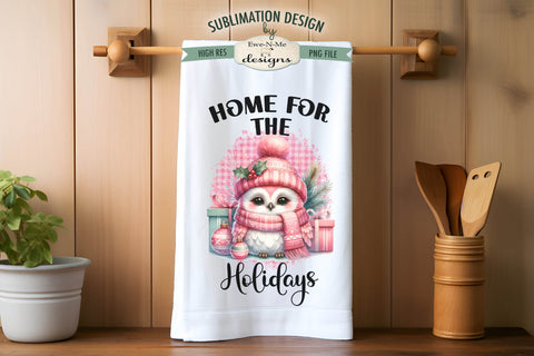 Pink Holiday Owls Kitchen Towel Sublimation Designs Sublimation Ewe-N-Me Designs 