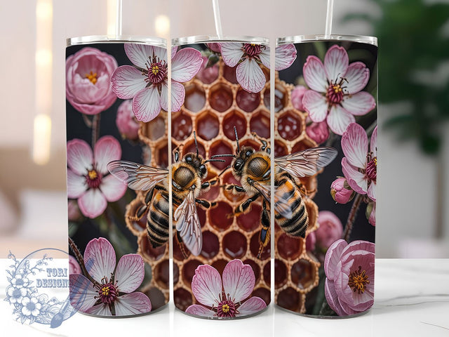Pink Honeybee Honeycomb 20oz Tumbler, Honeybee Tumbler Wrap, Honeycomb Tumbler Design, 20oz Tumbler Wrap, Sublimation Tumbler Design, Cute Bee Aesthetic, Digital Download Sublimation ToriDesigns 