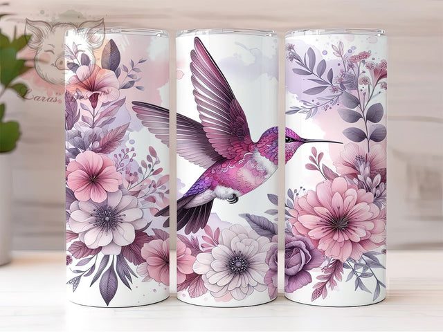 Pink Hummingbird Floral Tumbler, Floral Bird Tumbler, 20Oz Sublimation, Pink Flower Printable, Hummingbird Art Design, Soft Floral Wrap, Botanical Bird Tumbler Sublimation Lara' s Designs 