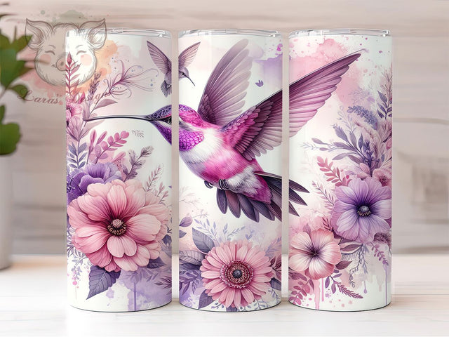 Pink Hummingbird Floral Tumbler, Floral Bird Tumbler, 20Oz Sublimation, Pink Flower Printable, Hummingbird Art Design, Soft Floral Wrap, Botanical Bird Tumbler Sublimation Lara' s Designs 