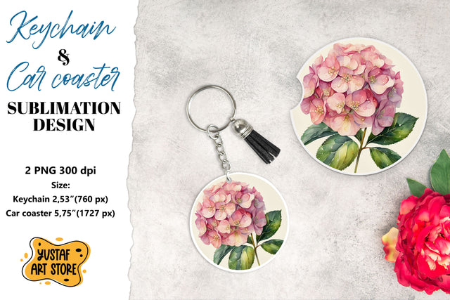 Pink Hydrangea Keychain & Car coaster sublimation. Sublimation Yustaf Art Store 