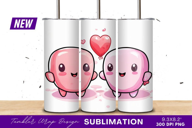 Pink kawaii characters with heart balloon tumbler png Sublimation Regulrcrative 