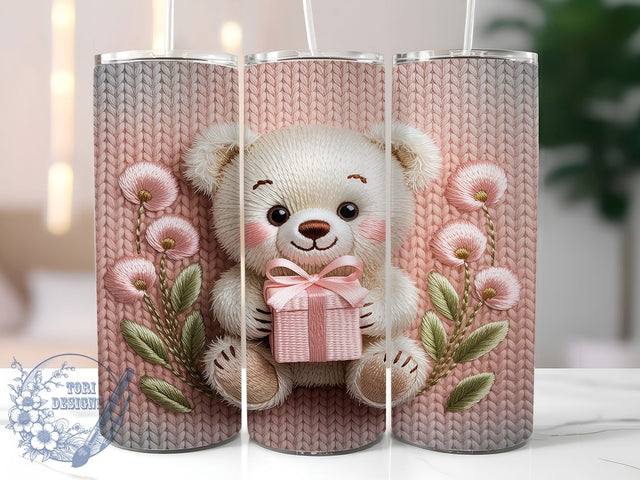 Pink Knitted Christmas Bear Tumbler, Faux Yarn Design, Retro Christmas Knitted, Cute Holiday Bear, Cozy Christmas Art, 20oz Tumbler, Sublimation Design Sublimation ToriDesigns 