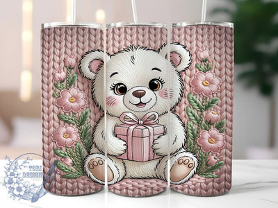 Pink Knitted Christmas Bear Tumbler, Faux Yarn Design, Retro Christmas Knitted, Cute Holiday Bear, Cozy Christmas Art, 20oz Tumbler, Sublimation Design Sublimation ToriDesigns 