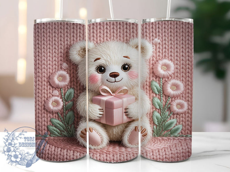 Pink Knitted Christmas Bear Tumbler, Faux Yarn Design, Retro Christmas Knitted, Cute Holiday Bear, Cozy Christmas Art, 20oz Tumbler, Sublimation Design Sublimation ToriDesigns 