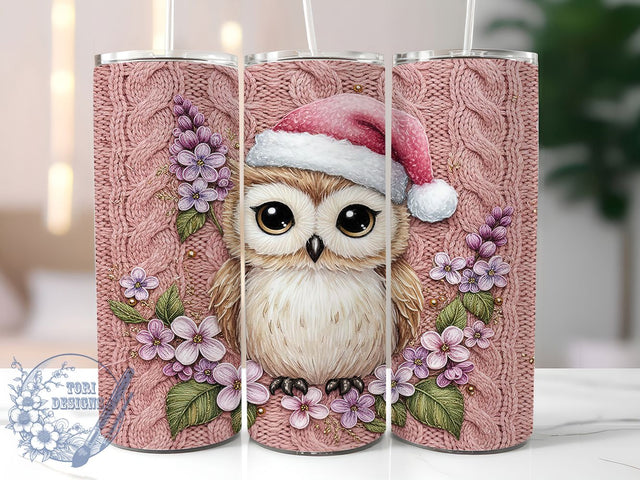 Pink Knitted Christmas Owl Tumbler, Faux Yarn Design, Retro Christmas Knitted, Cute Holiday Owl, Cozy Christmas Art, 20oz Tumbler, Sublimation Design Sublimation ToriDesigns 