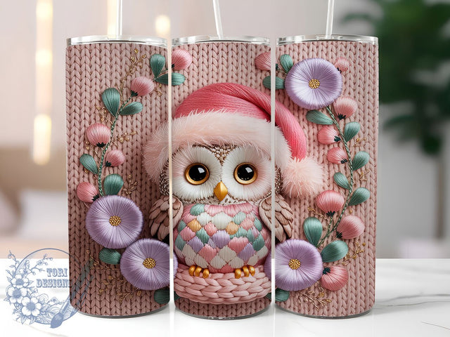 Pink Knitted Christmas Owl Tumbler, Faux Yarn Design, Retro Christmas Knitted, Cute Holiday Owl, Cozy Christmas Art, 20oz Tumbler, Sublimation Design Sublimation ToriDesigns 