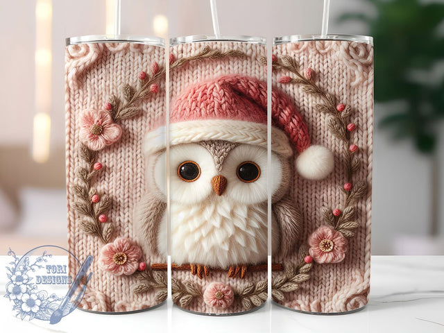Pink Knitted Christmas Owl Tumbler, Faux Yarn Design, Retro Christmas Knitted, Cute Holiday Owl, Cozy Christmas Art, 20oz Tumbler, Sublimation Design Sublimation ToriDesigns 