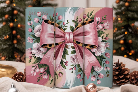 Pink Leopard Bow Floral Tumbler Wrap Sublimation DesignSVG 