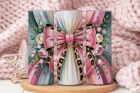 Pink Leopard Bow Floral Tumbler Wrap Sublimation DesignSVG 
