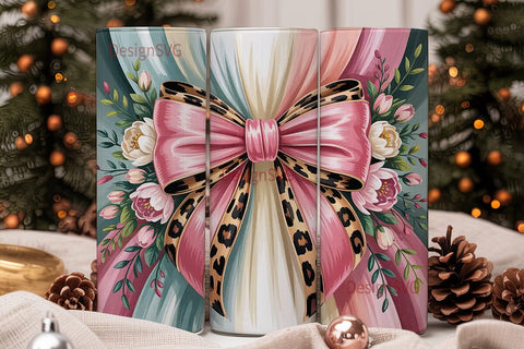 Pink Leopard Bow Floral Tumbler Wrap Sublimation DesignSVG 