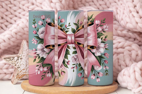 Pink Leopard Bow Floral Tumbler Wrap Sublimation DesignSVG 