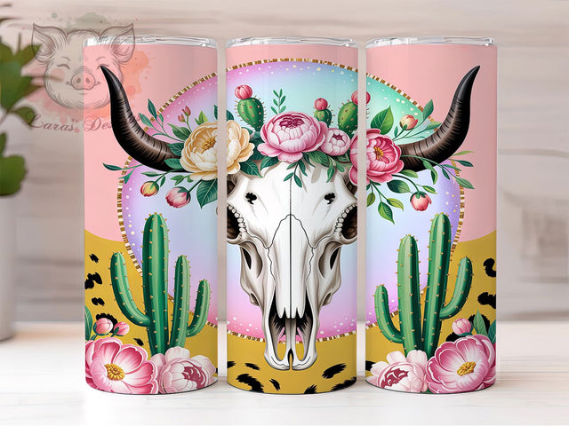 Pink Leopard Cow Skull Tumbler, Pink Leopard Pattern, Floral Cactus Design, 20Oz Sublimation Wrap, Western Boho Art, Rustic Desert Texture, Tumbler Sublimation Sublimation Lara' s Designs 