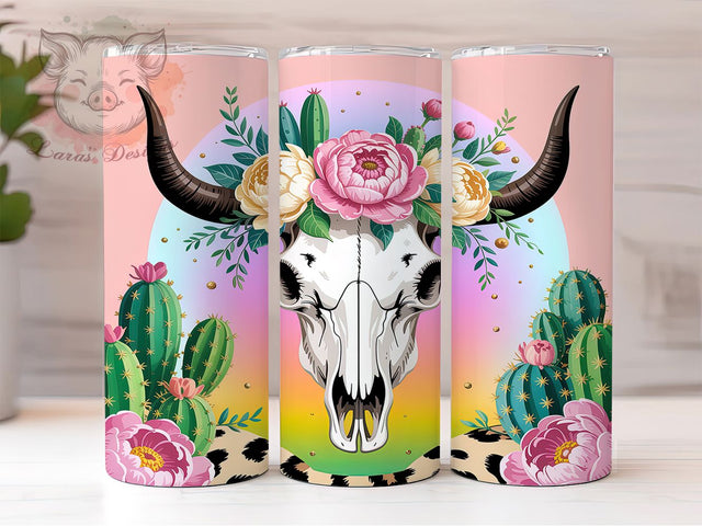 Pink Leopard Cow Skull Tumbler, Pink Leopard Pattern, Floral Cactus Design, 20Oz Sublimation Wrap, Western Boho Art, Rustic Desert Texture, Tumbler Sublimation Sublimation Lara' s Designs 