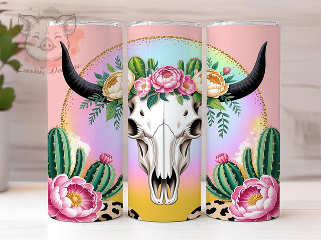 Pink Leopard Cow Skull Tumbler, Pink Leopard Pattern, Floral Cactus Design, 20Oz Sublimation Wrap, Western Boho Art, Rustic Desert Texture, Tumbler Sublimation Sublimation Lara' s Designs 