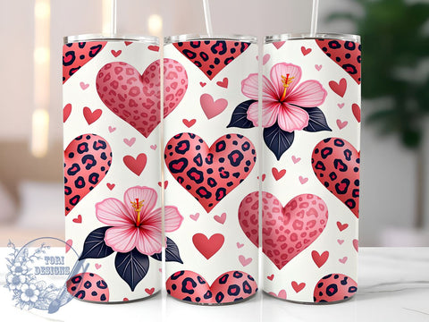 Pink Leopard Hearts 20oz Tumbler, Valentine's Day Cup, Heart Print Tumbler, 20oz Sublimation Wrap, Girly Valentine Gift, Animal Print Drinkware, Cute Heart Design Sublimation ToriDesigns 