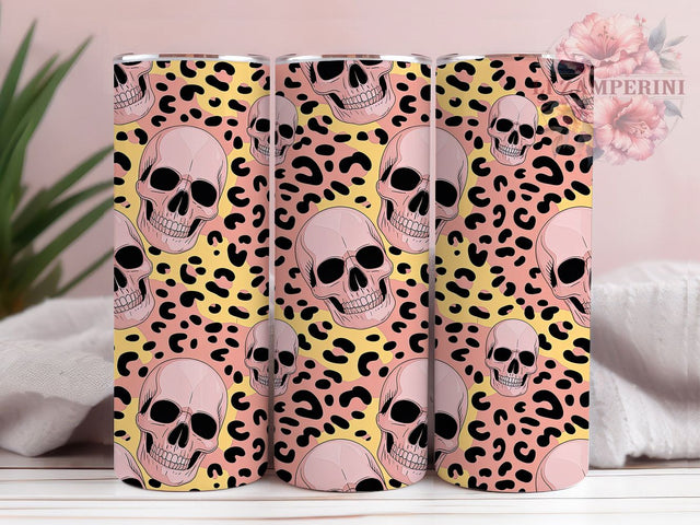 Pink Leopard Print Skull Halloween Tumbler, Cute Skull 20Oz Sublimation, Spooky Glam Coffee Cup, Girly Gothic Drinkware Design, Pastel Goth Mug Wrap, Trendy Halloween Cup, Leopard Print Skull Tumbler Sublimation Li Zamperini 