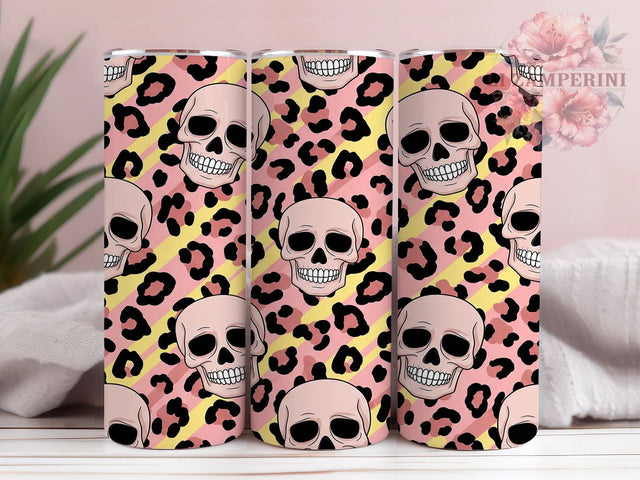 Pink Leopard Print Skull Halloween Tumbler, Cute Skull 20Oz Sublimation, Spooky Glam Coffee Cup, Girly Gothic Drinkware Design, Pastel Goth Mug Wrap, Trendy Halloween Cup, Leopard Print Skull Tumbler Sublimation Li Zamperini 
