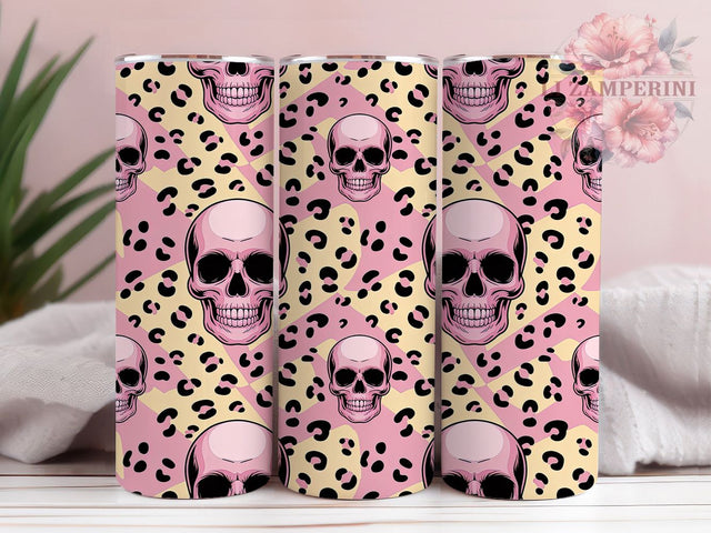 Pink Leopard Print Skull Halloween Tumbler, Cute Skull 20Oz Sublimation, Spooky Glam Coffee Cup, Girly Gothic Drinkware Design, Pastel Goth Mug Wrap, Trendy Halloween Cup, Leopard Print Skull Tumbler Sublimation Li Zamperini 