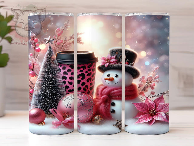 Pink Leopard Snowman Tumbler, Snowman Wrap Design, Leopard Print Mug, Holiday Coffee Cup, Sublimation Wrap, Festive Drinkware, Cute Winter Gift Sublimation Lara' s Designs 