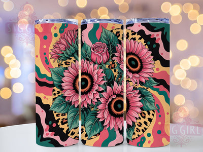 Pink Leopard Spring Sunflower Tumbler Wrap, Leopard Print, Pink Black Theme, Bold Floral, Wild Style, Tumbler Wrap, Sublimation Design Sublimation SvggirlplusArt 