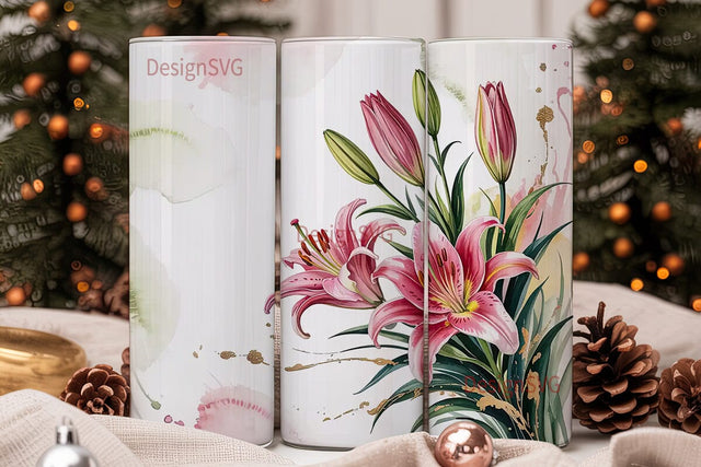 Pink Lilies Watercolor 20oz Tumbler Wrap Sublimation DesignSVG 