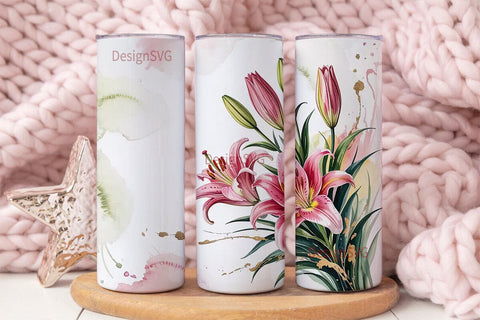 Pink Lilies Watercolor 20oz Tumbler Wrap Sublimation DesignSVG 