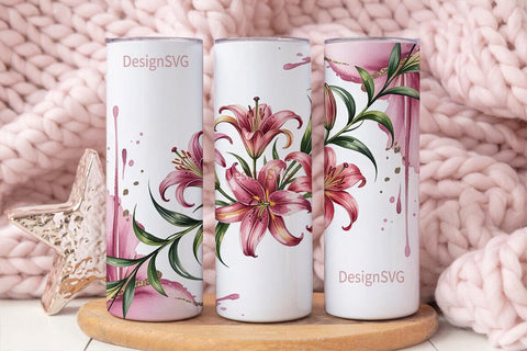Pink Lilies Watercolor 20oz Tumbler Wrap Sublimation DesignSVG 