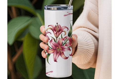 Pink Lilies Watercolor 20oz Tumbler Wrap Sublimation DesignSVG 