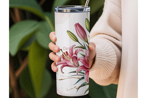 Pink Lilies Watercolor 20oz Tumbler Wrap Sublimation DesignSVG 