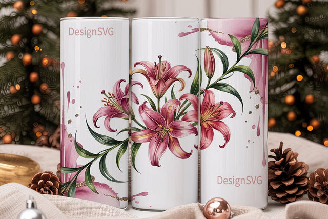 Pink Lilies Watercolor 20oz Tumbler Wrap Sublimation DesignSVG 