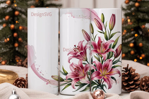 Pink Lily Watercolor 20oz Tumbler Wrap Sublimation DesignSVG 