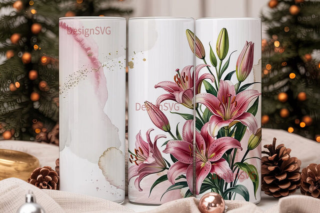 Pink Lily Watercolor 20oz Tumbler Wrap Sublimation DesignSVG 