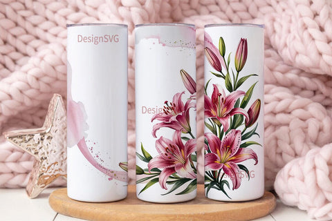 Pink Lily Watercolor 20oz Tumbler Wrap Sublimation DesignSVG 