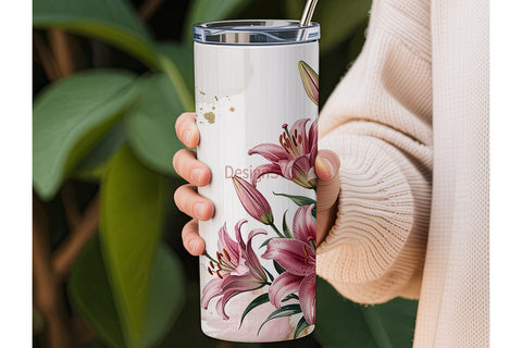 Pink Lily Watercolor 20oz Tumbler Wrap Sublimation DesignSVG 
