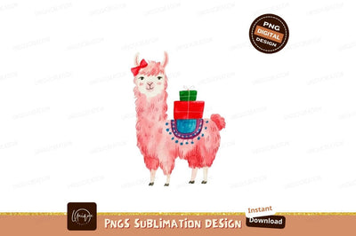 Pink llama with gifts and bow green Sublimation Designangry 