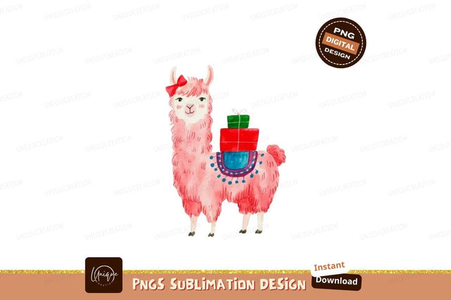 Pink llama with gifts and bow green Sublimation Designangry 