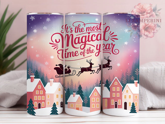 Pink Magical Christmas Tumbler, Magical Holiday Wrap, 20Oz Skinny Tumbler, Pastel Christmas Sublimation, Most Magical Time Quote, Cute Holiday Tumbler, Whimsical Winter Wrap Sublimation Li Zamperini 
