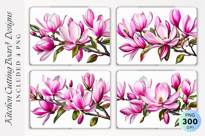 Pink Magnolia flowers Glass Cutting Board PNG Design Sublimation Regulrcrative 