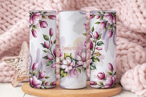 Pink Magnolia Watercolor 20oz Tumbler Sublimation DesignSVG 